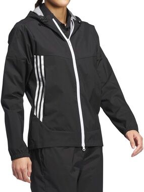 NWT adidas XS Women Black Rain Hood Jacket White Zipper Accents Golf Athletic